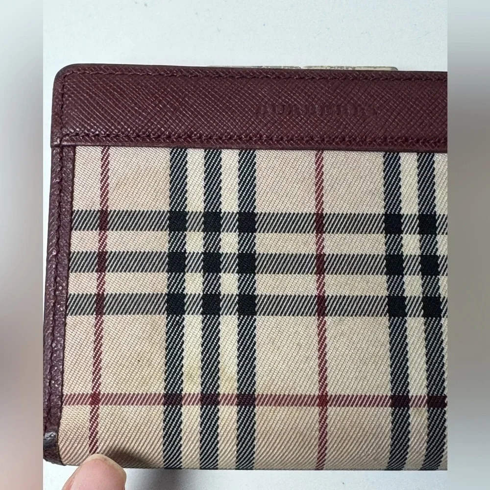 Burberry Women’s Classic Nova Check Burgundy Bi Fold Wallet With Gold Clasp